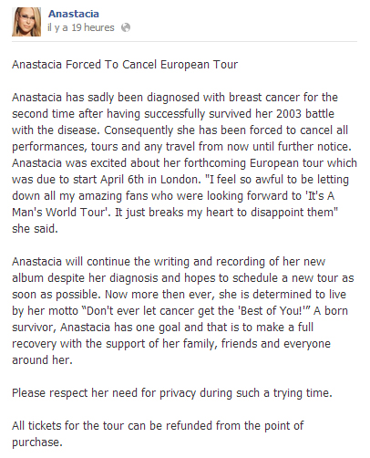 La chanteuse Anastacia à nouveau atteinte d'un cancer et annule sa tournée
