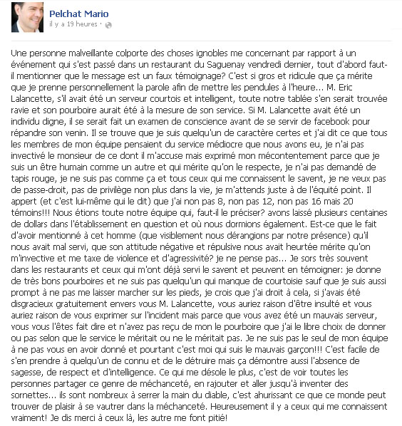 Mario Pelchat répond aux attaques d'un serveur sur Facebook