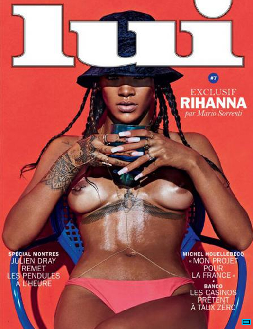 Rihanna TOPLESS pour le magazine Lui. Rien de bien nouveau au paradis de Rihanna! On utilise souvent le mot topless pour les shooting photos, lorsque les stars se dÃ©nudent partiellement les seins. Cette fois-ci, Rihanna y va avec la totale et nous dÃ©voile rÃ©ellement sa poitrine lors d'une scÃ©ance trÃ¨s sexy pour le magazine masculin Lui. Oui, Rihanna avait provoquÃ© vent et marÃ©e lors de son photoshoot pour le magazine francais, sans slip ni pantalon. Aujourd'hui on dÃ©couvre un Rihanna toute en sueur, se faisant bronzer, photographier par le populaire Mario Sorrenti.