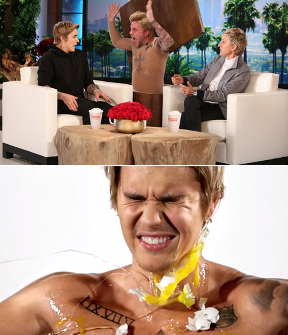 Justin Bieber se fait faire peur par Ellen DeGeneres et se fait lancer des oeufs