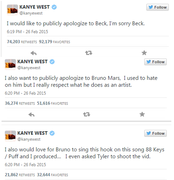 kanye s'excuse à Bruno Mars et Beck