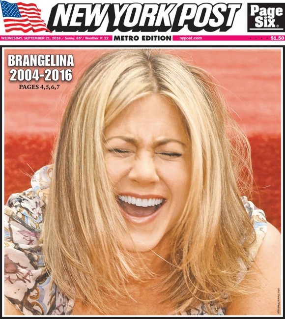 Le New York Post annonce le divorce de Brad Pitt et AngeÂ­lina Jolie avec une photo de JenniÂ­fer AnisÂ­ton